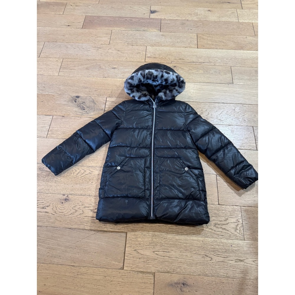 MICHAEL KORS Puffer Jacket Hooded Leopard Trim Black Size M